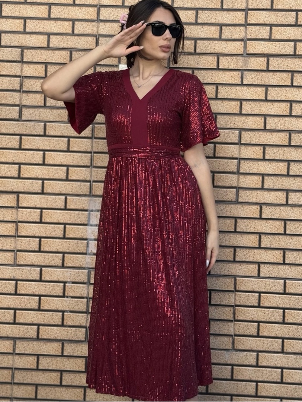 Grace Karin Burgundy Sequin V‑Neck Maxi Dress